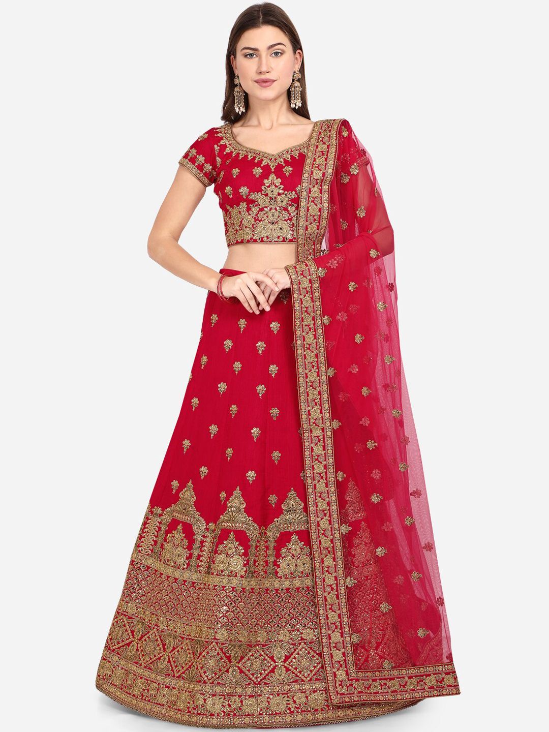 NAKKASHI Red & Gold-Toned Embroidered Semi-Stitched Lehenga & Blouse with Dupatta