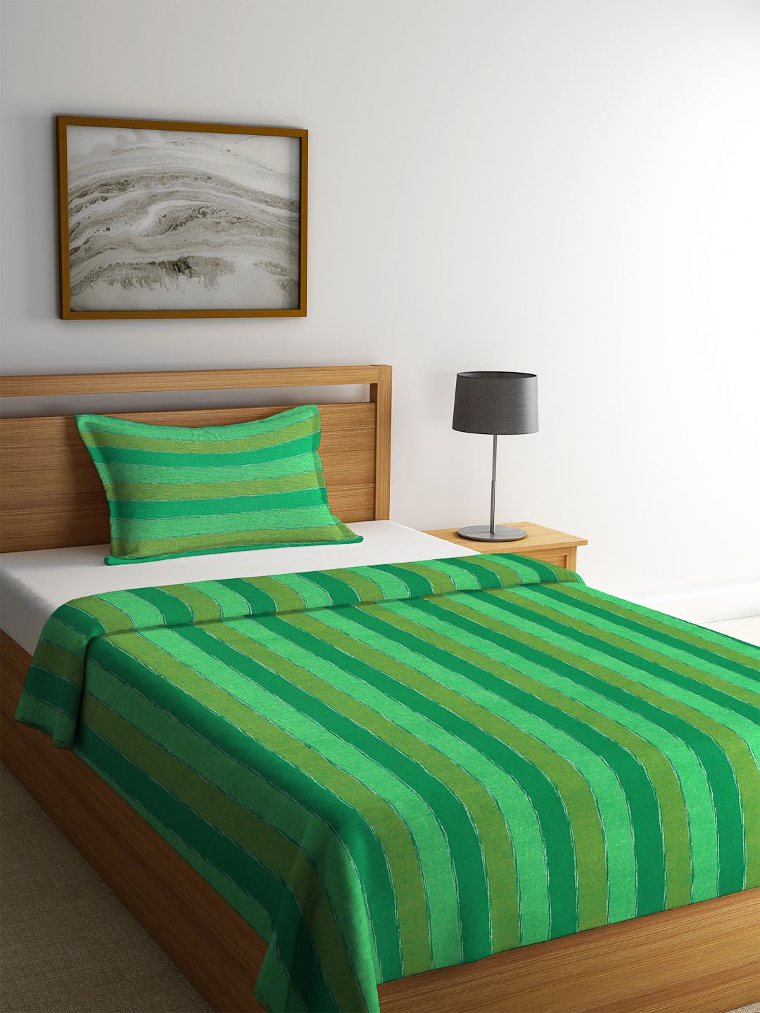 KLOTTHE Green Striped Single Bed Cover with Pillow Cover Price in India