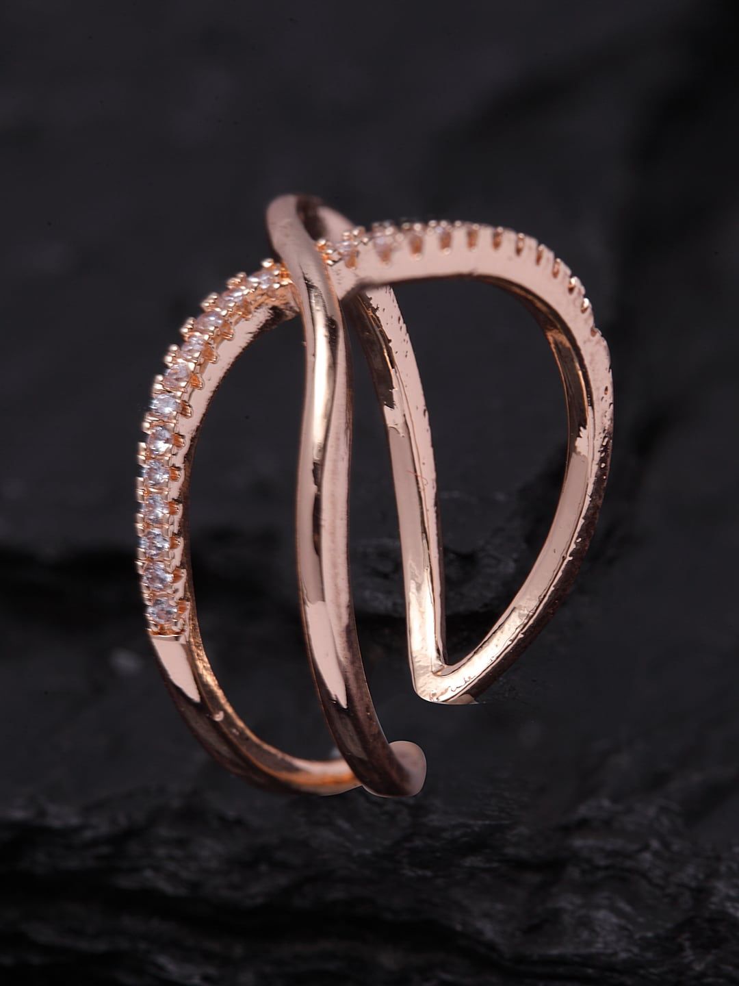 Ferosh Rose Gold-Toned & White Stone-Studded Adjustable Finger Ring Price in India