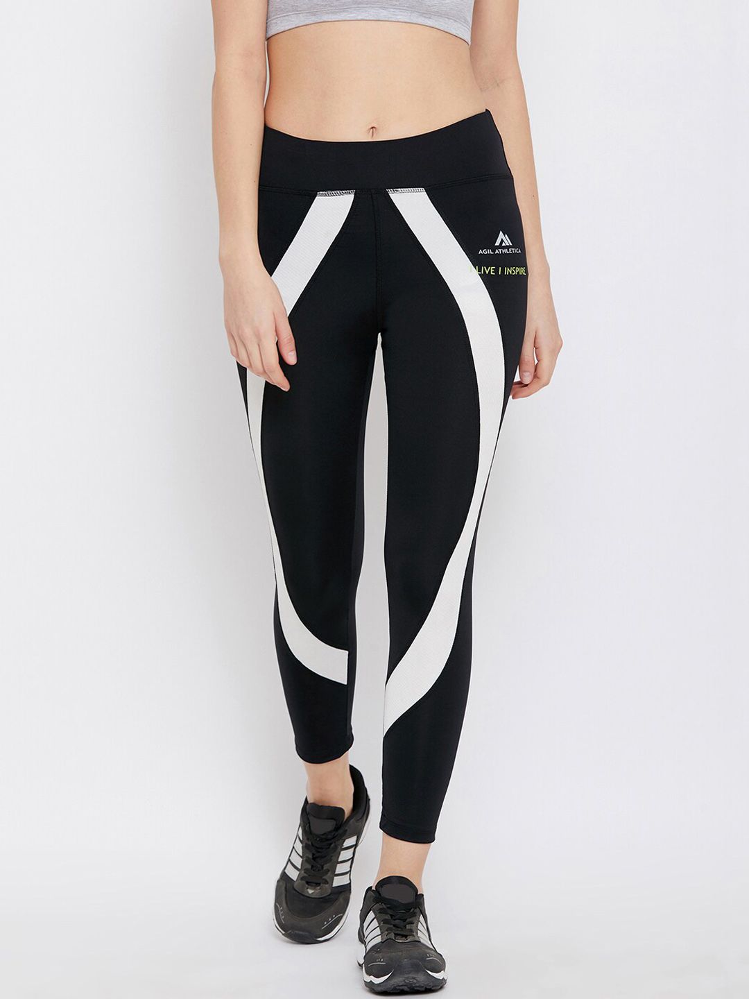 AGIL ATHLETICA Women Black & White Printed Rapid-Dry Tights Price in India