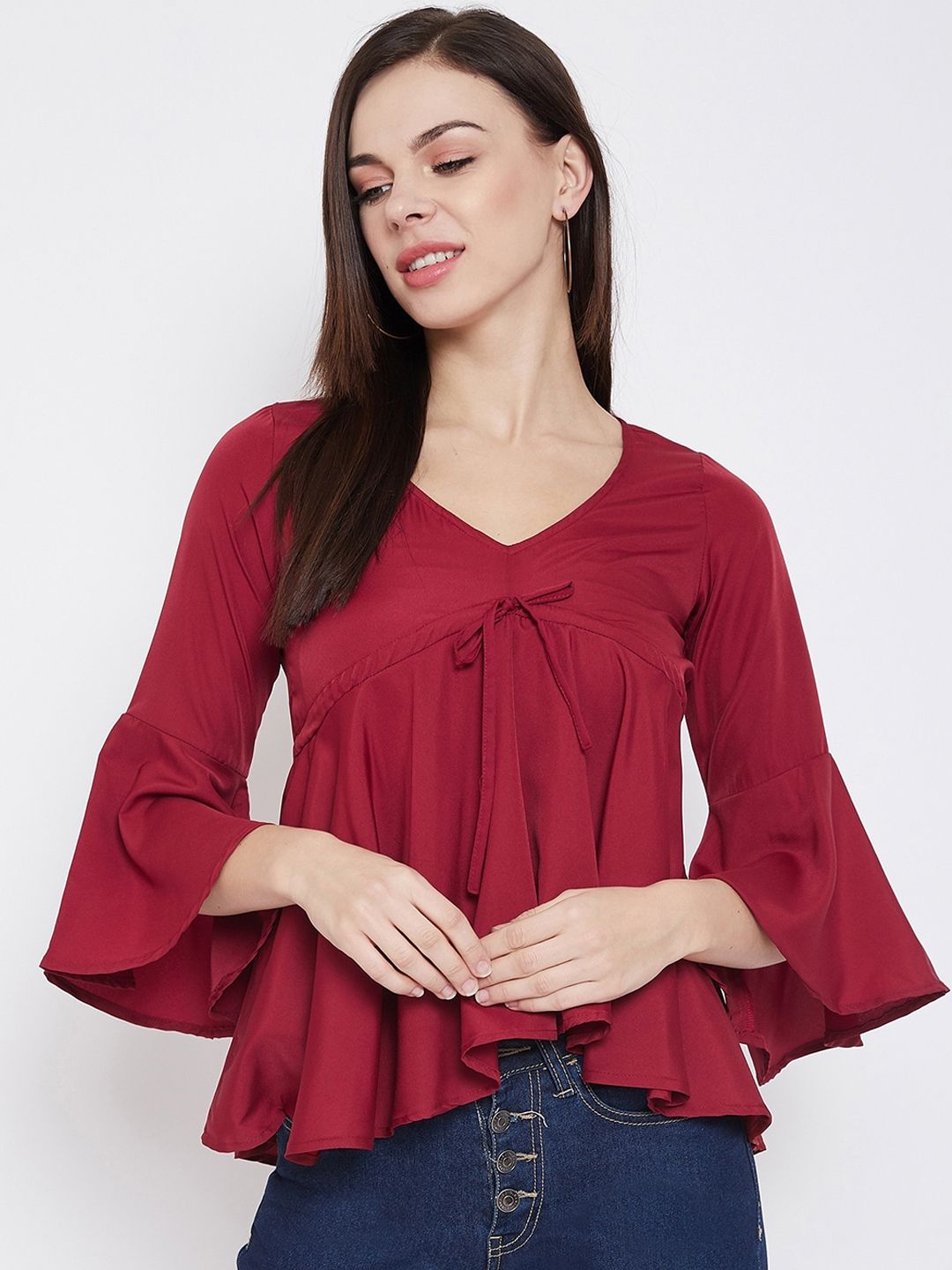 U&F Women Maroon Solid A-Line Top