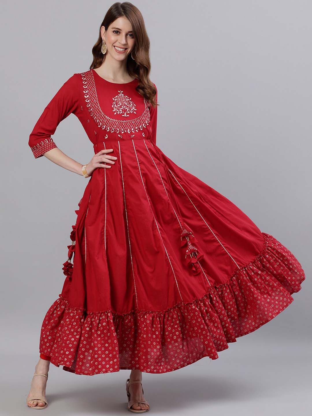 Ishin Women Red & Silver Gota Patti Embellished Maxi Dress Price in India
