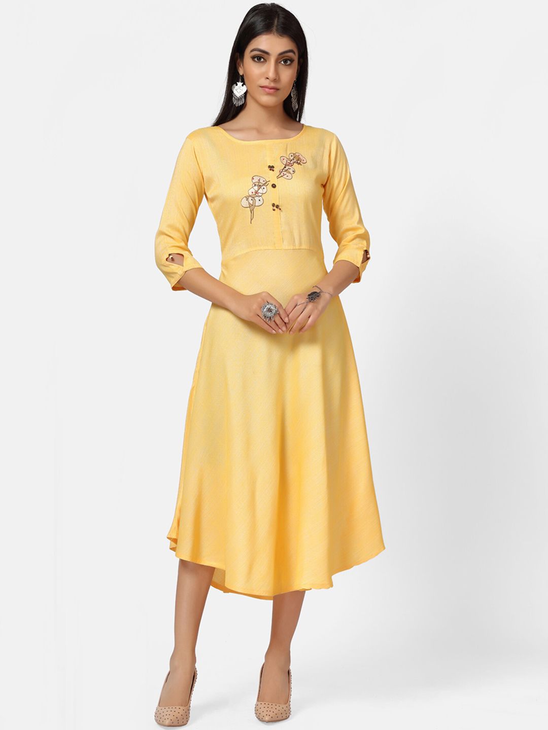 Kiana Women Yellow Embroidered A-Line Dress