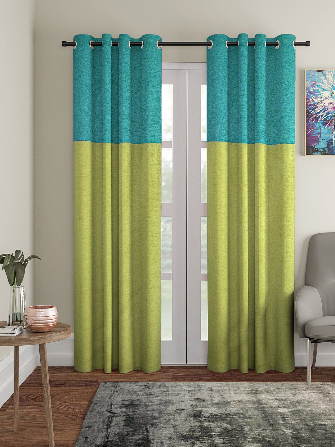 KLOTTHE Green & Turquoise Blue Set of 2 Jacquard Long Door Curtains Price in India