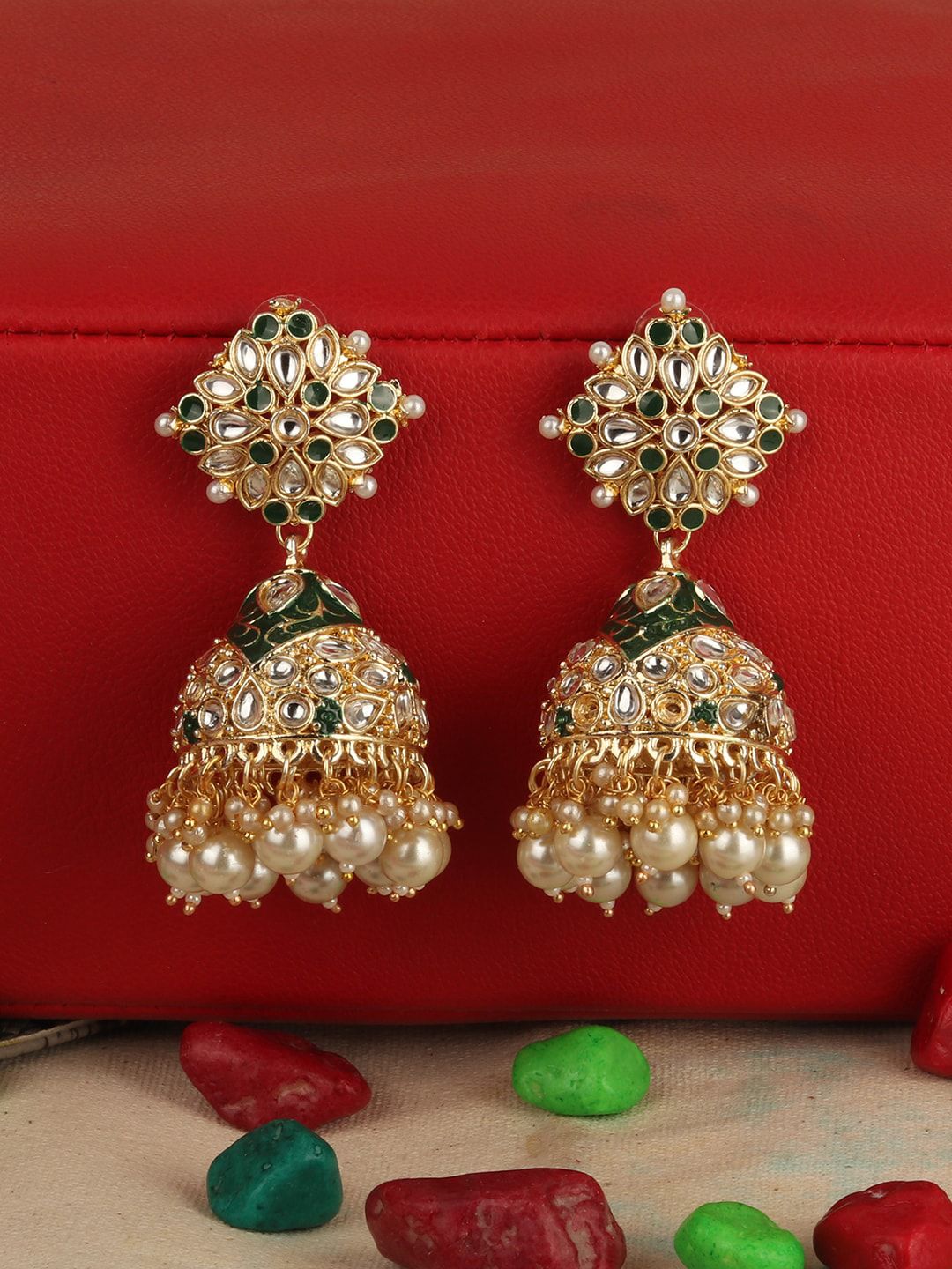 ANIKAS CREATION Green & Gold-Toned Dome Shaped Jhumkas Price in India
