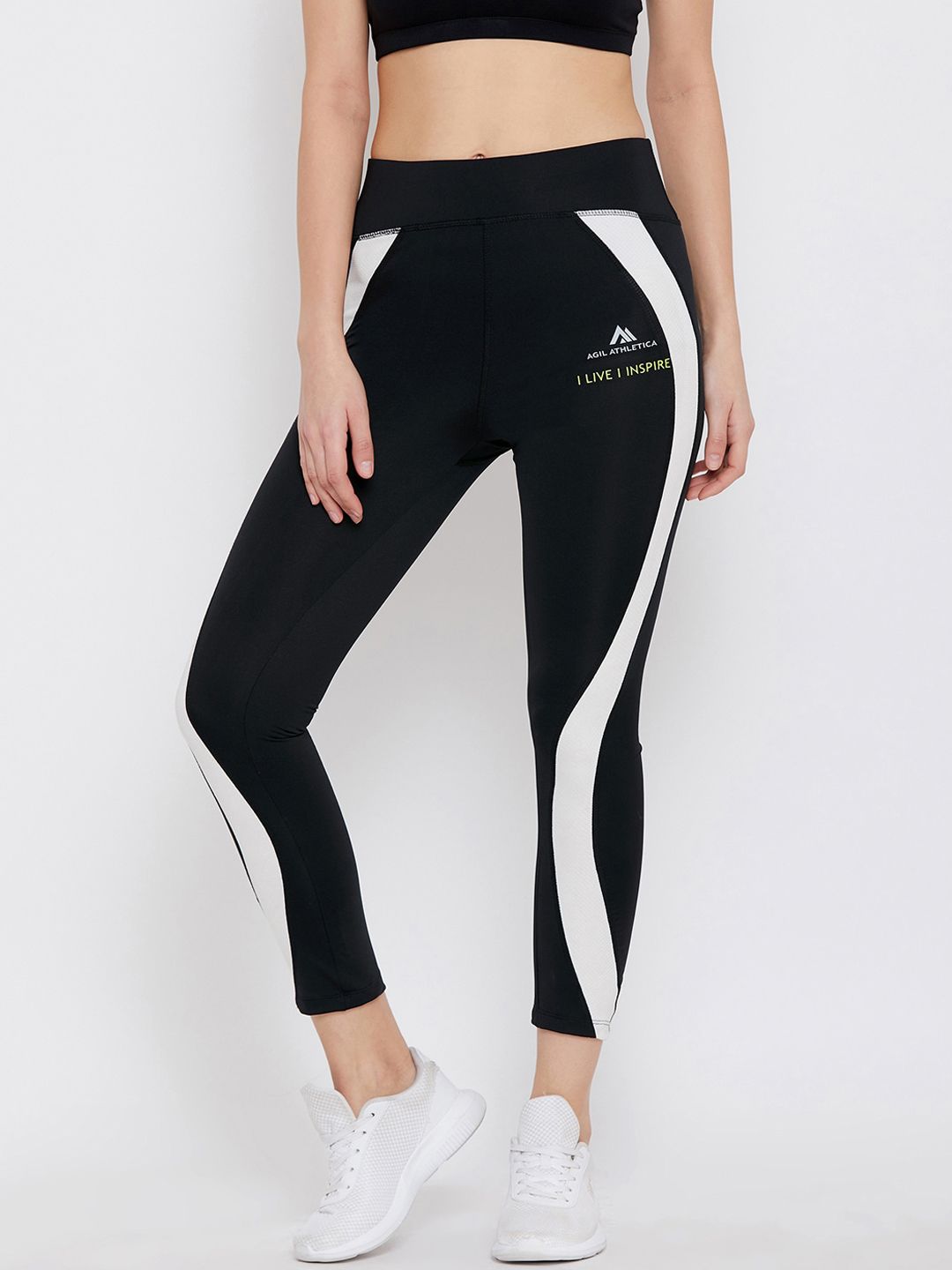 AGIL ATHLETICA Women Black & White Printed Rapid-Dry Tights Price in India