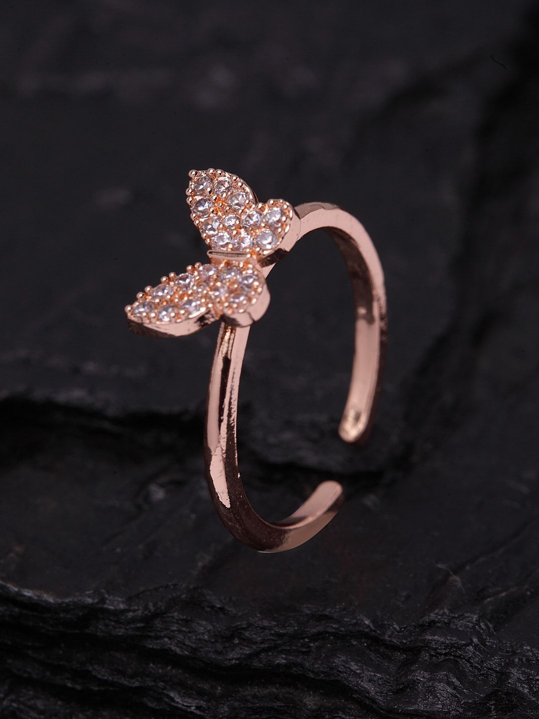 Ferosh Rose Gold-Plated White Crystal-Studded Butterfly Shaped Adjustable Finger Ring Price in India