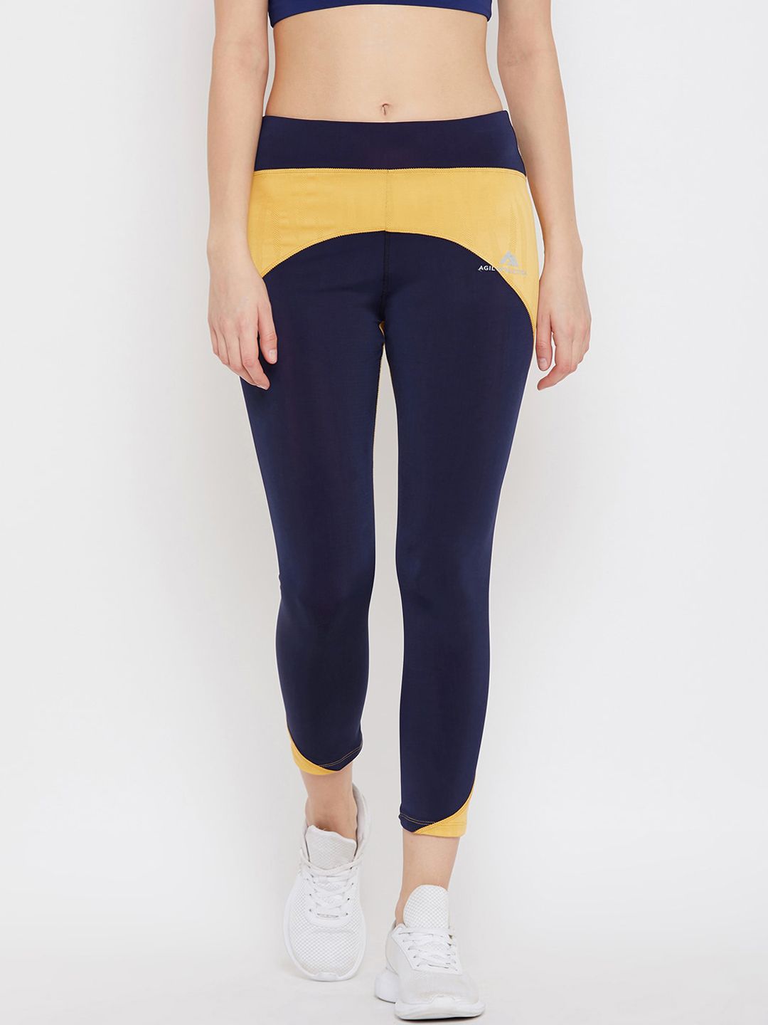 AGIL ATHLETICA Women Blue & Yellow Colourblocked Rapid-Dry Tights Price in India