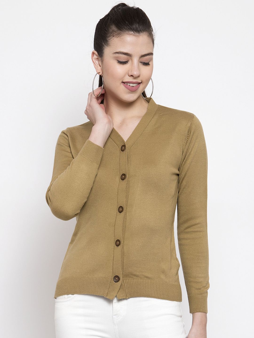 Kalt Women Camel Brown Solid Cardigan Sweater Price in India