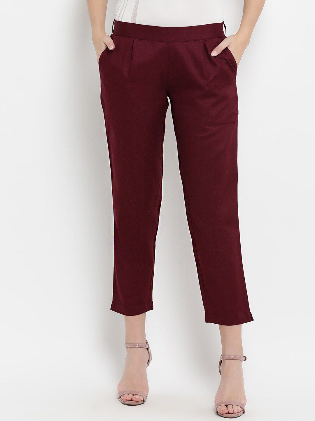 THREAD MUSTER Women Maroon Regular Fit Solid Regular Trousers