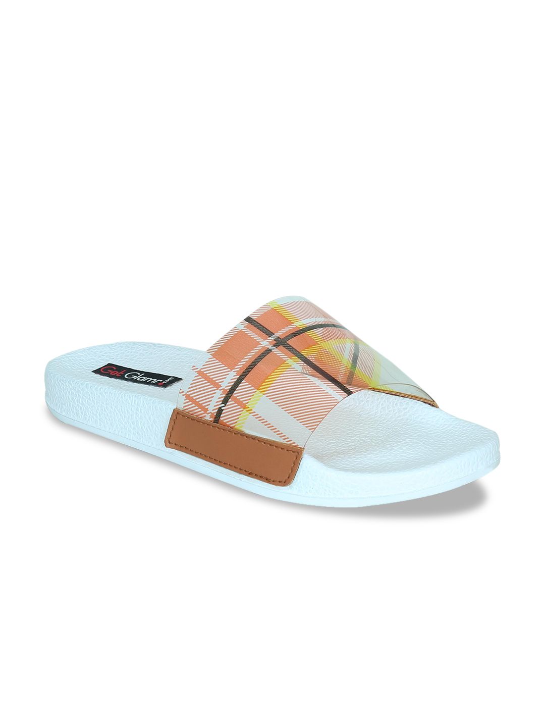 Get Glamr Women Tan Brown & Blue Printed Sliders Price in India