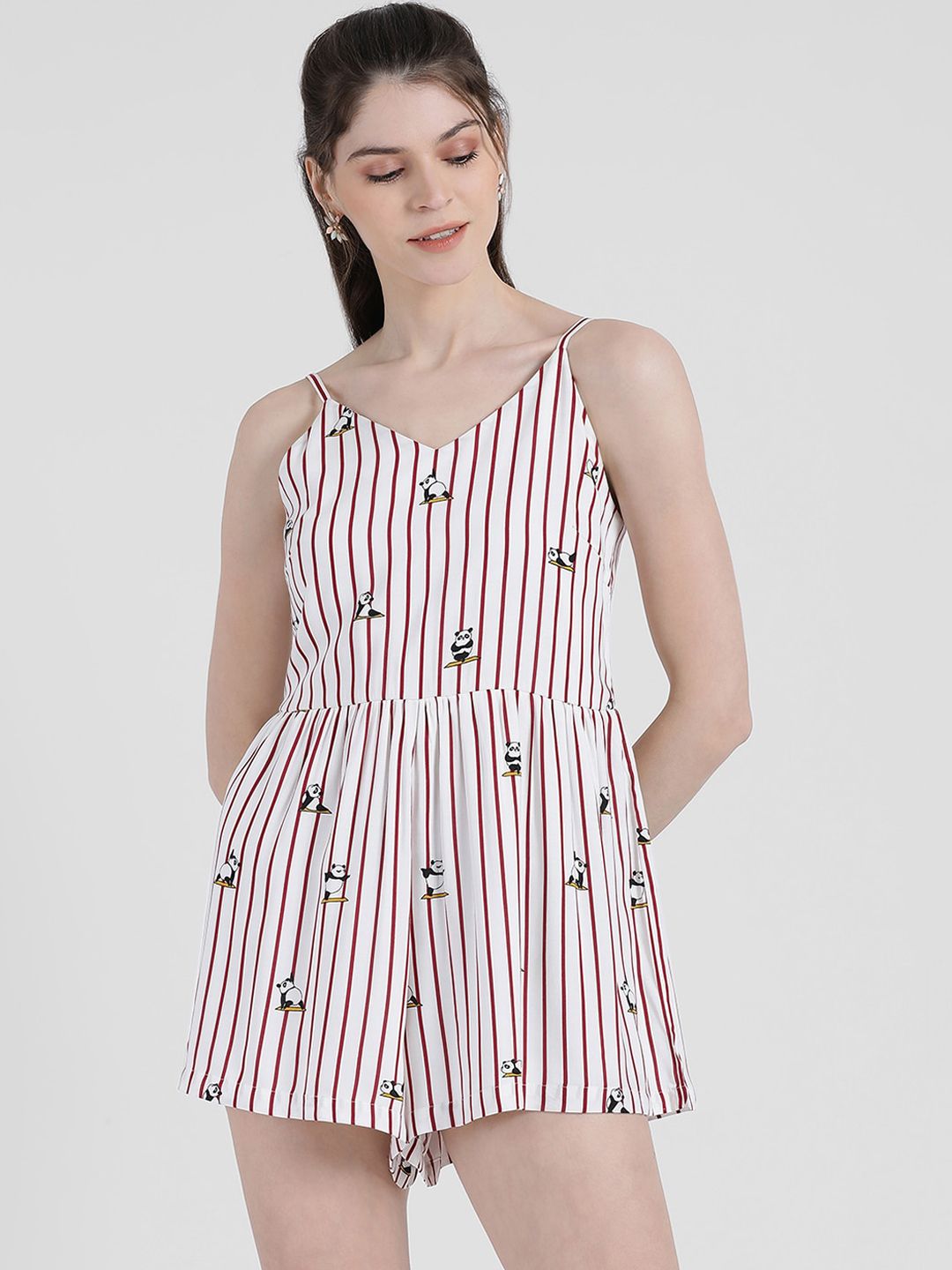 Zink London Women White & Brown Striped Playsuit Price in India