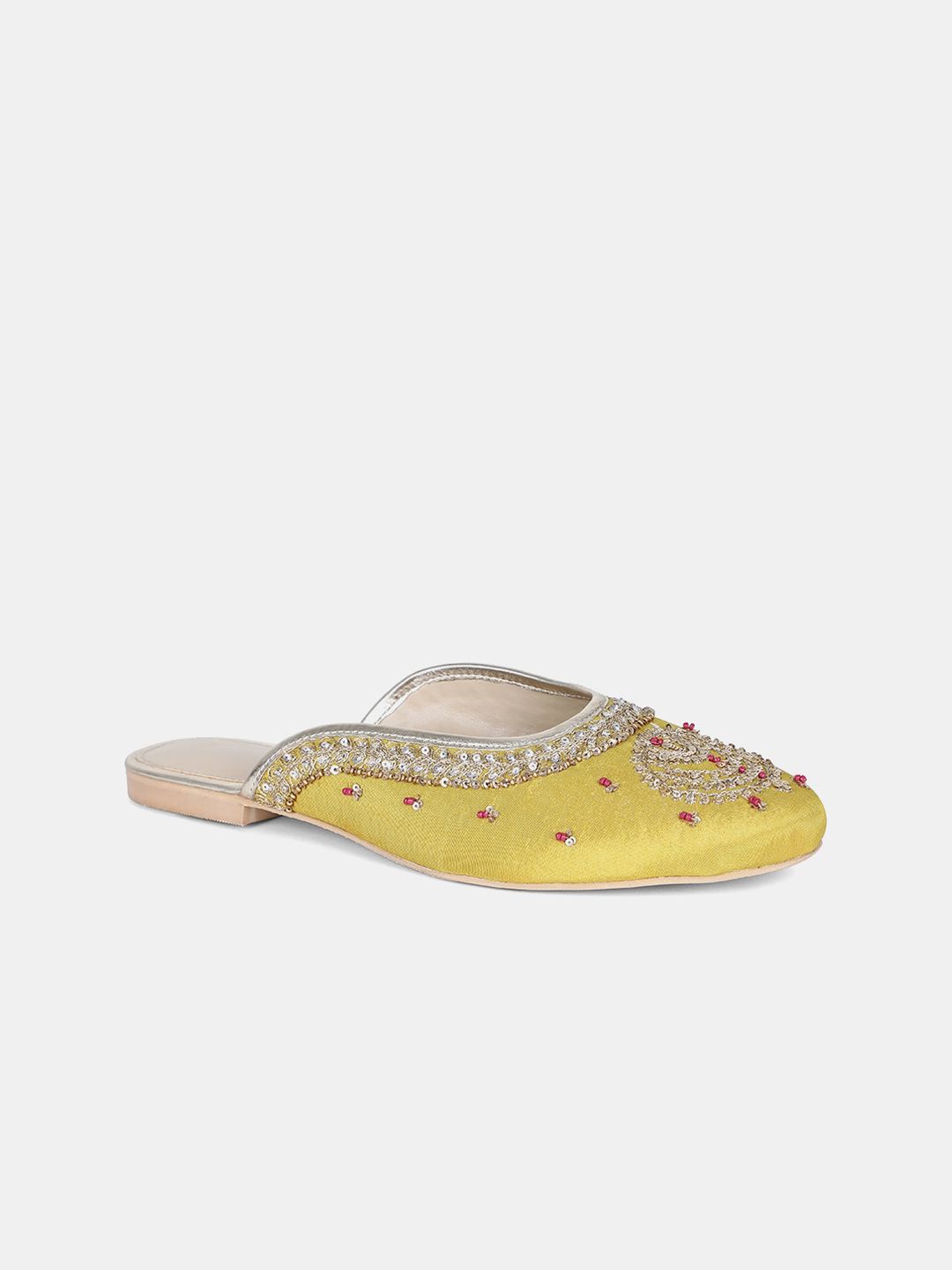 AURELIA Women Mustard Embellished Fabric Mules