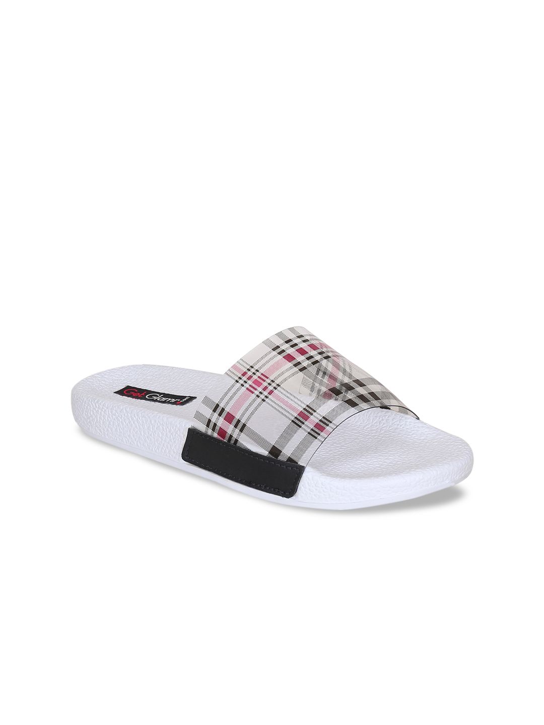 Get Glamr Women White & Black Checked Sliders Price in India