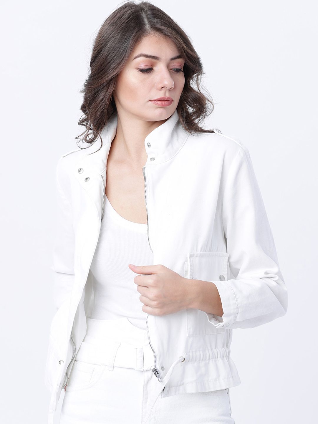 Tokyo Talkies Women Off-White Solid Denim Jacket Price in India