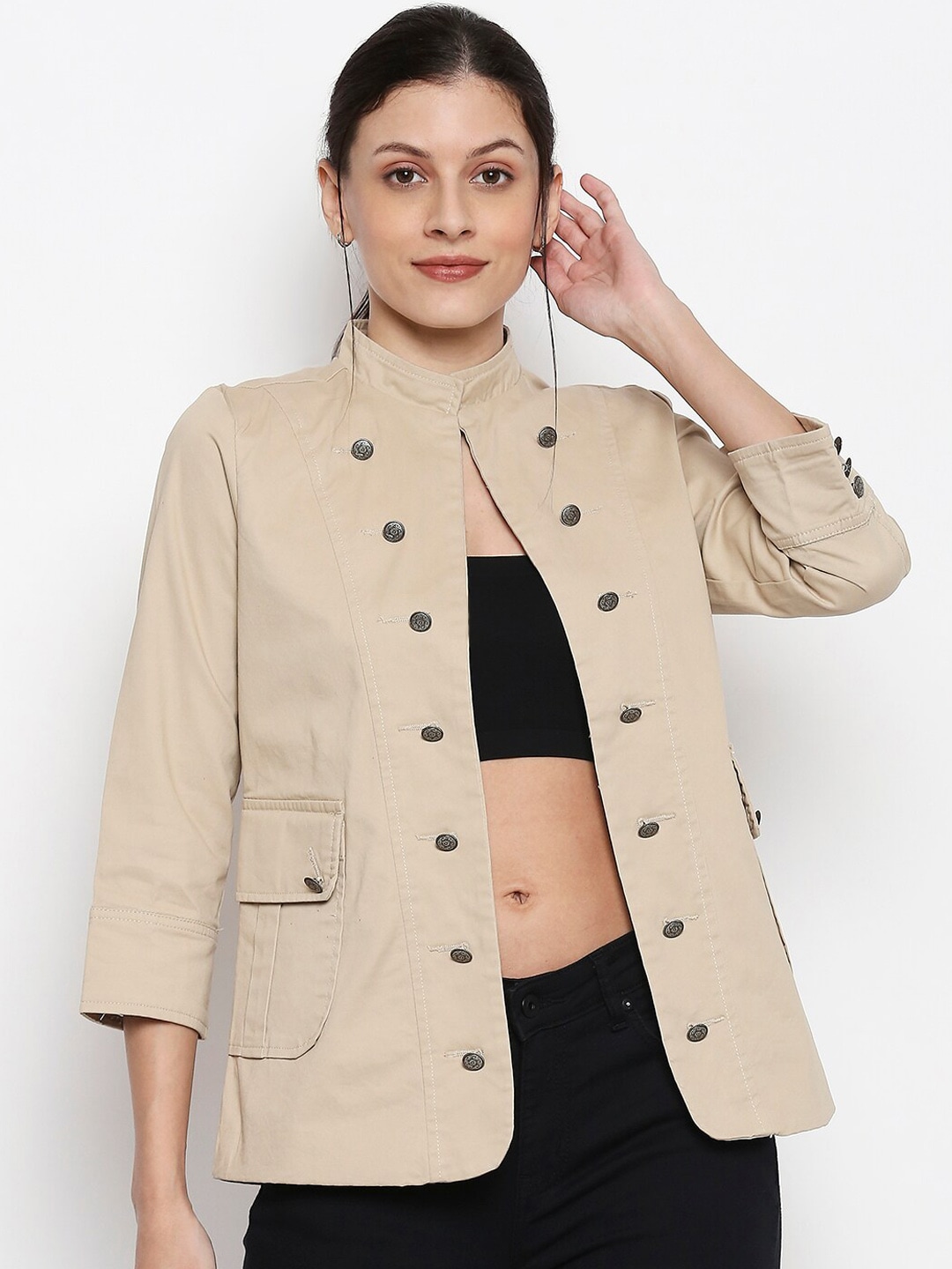 People Women Beige Solid Tailored Jacket Price in India