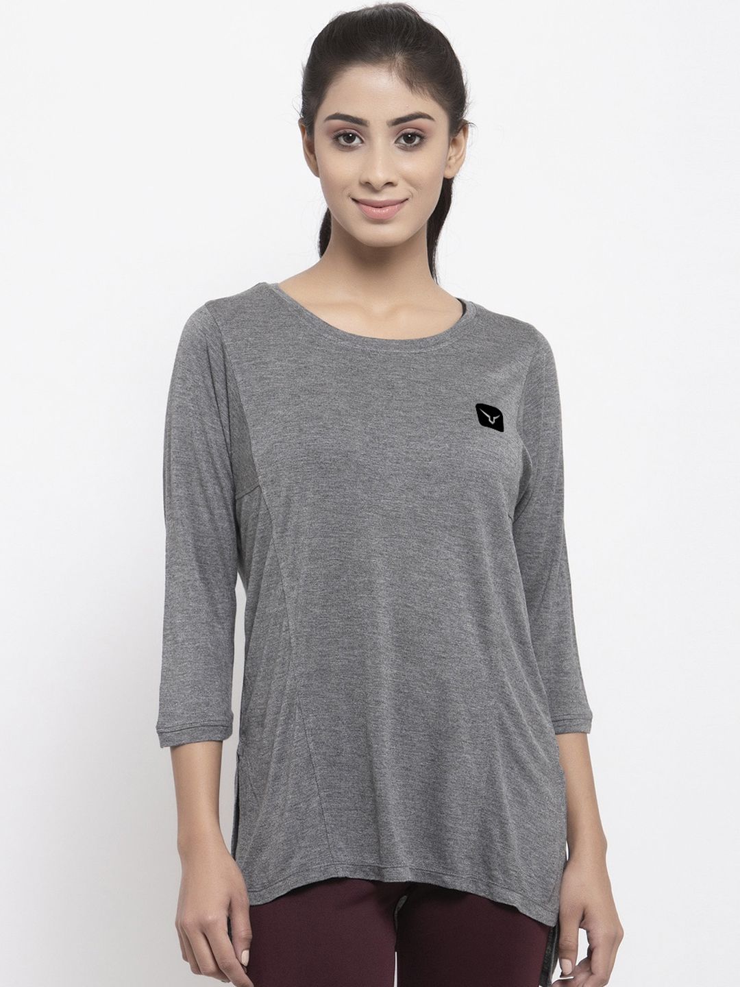 Invincible Women Grey Solid Round Neck Longline Yoga Training T Shirt Price in India