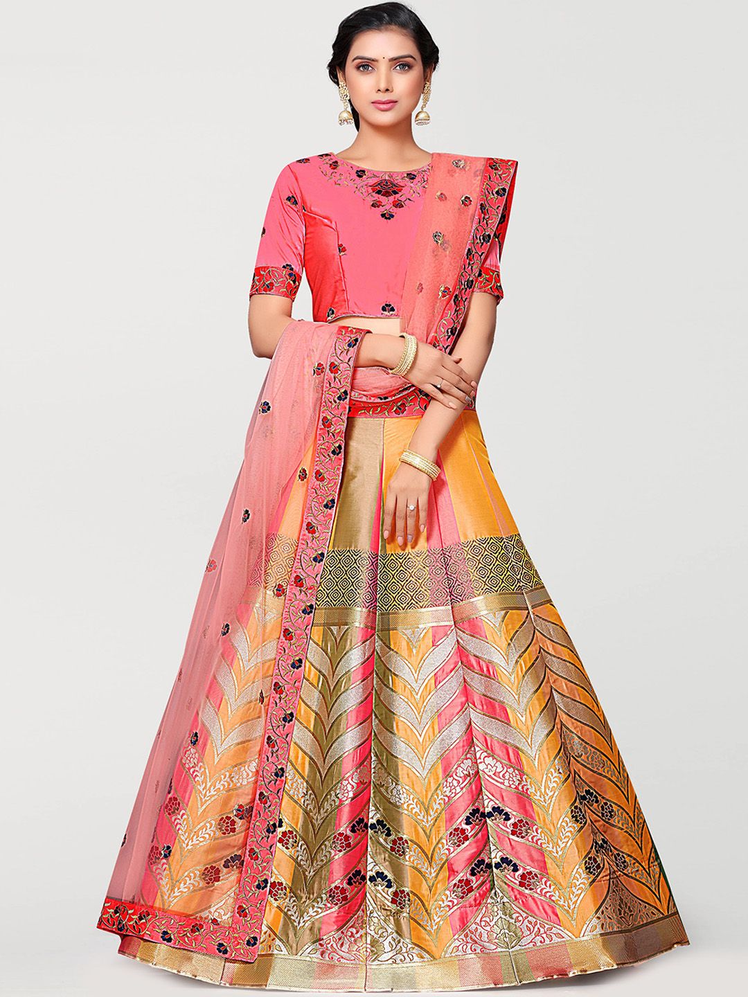 MIMOSA Pink & Yellow Embroidered Semi-Stitched Lehenga & Unstitched Blouse with Dupatta