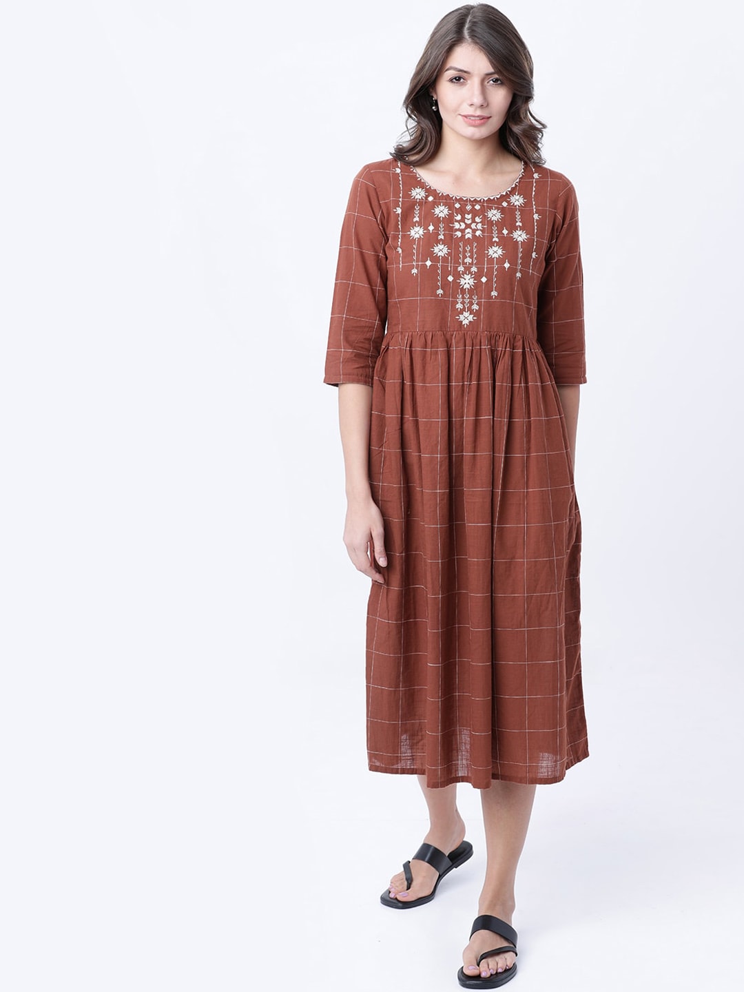 Vishudh Women Brown Checked Fit and Flare Dress Price in India