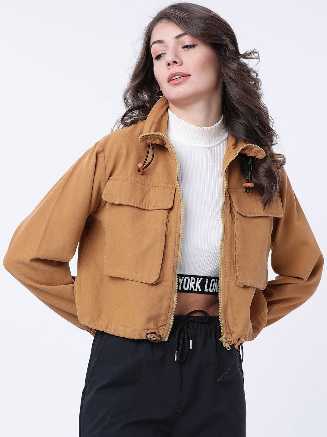 Tokyo Talkies Women Khaki Brown Solid Crop Tailored Jacket Price in India