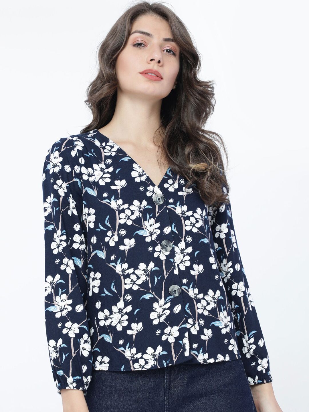 Tokyo Talkies Women Navy Blue & White Printed Top