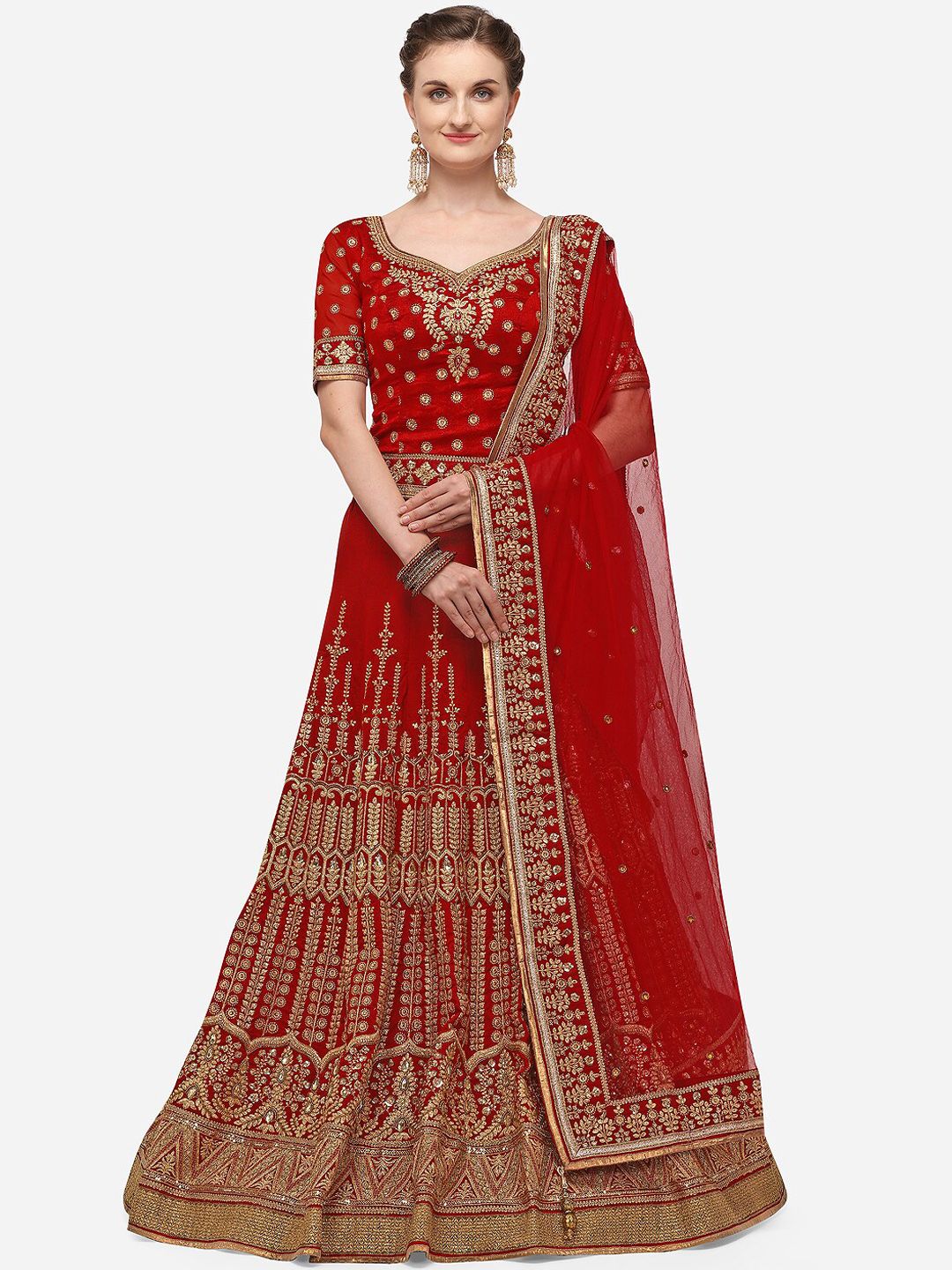 NAKKASHI Red & Gold-Toned Embroidered Unstitched Lehenga & Blouse with Dupatta