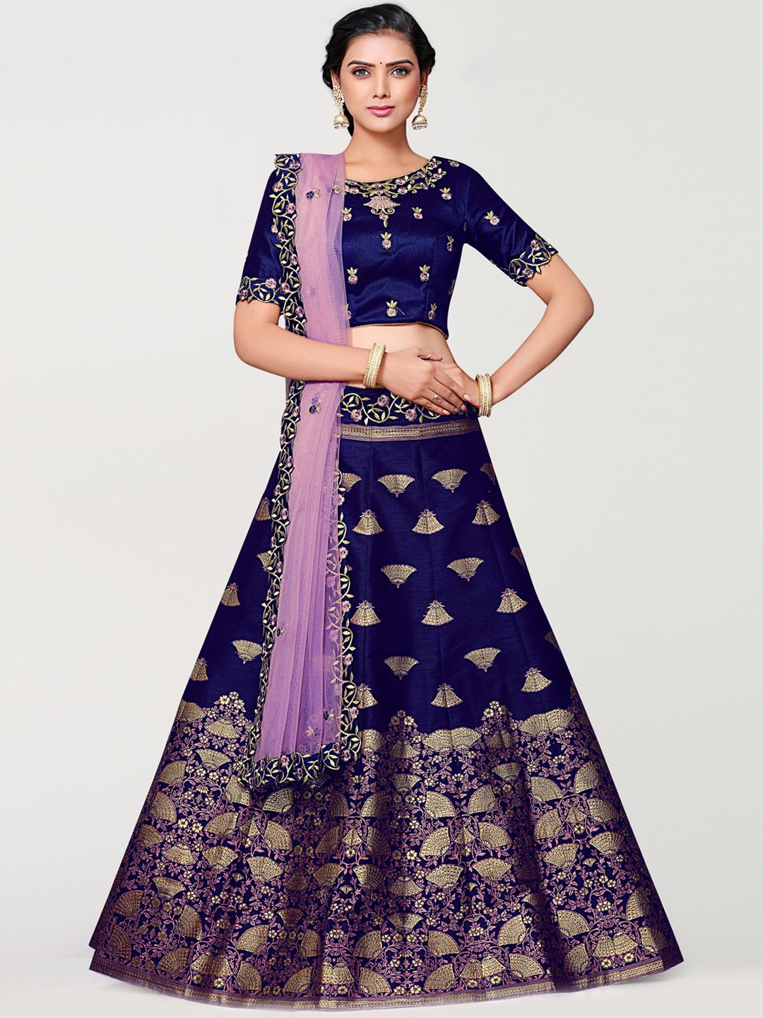 MIMOSA Navy Blue & Purple Embroidered Semi-Stitched Lehenga & Unstitched Blouse with Dupatta