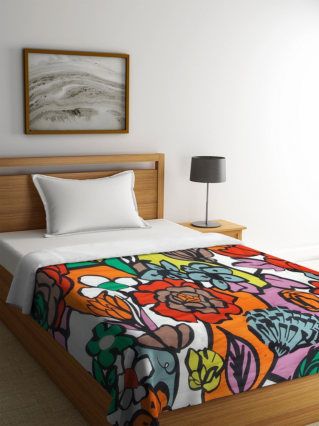 REME White & Orange Floral Heavy Winter 150 GSM 100% Organic Cotton Single Bed Quilt Price in India