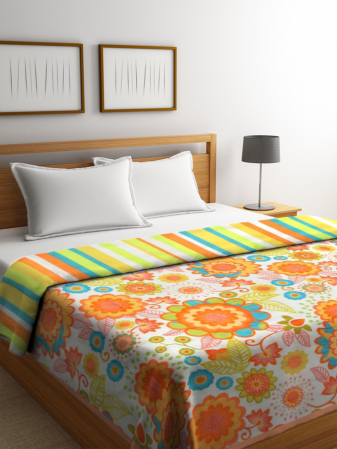 REME White & Orange Floral Heavy Winter 150 GSM Organic Cotton Double Bed Quilt Price in India