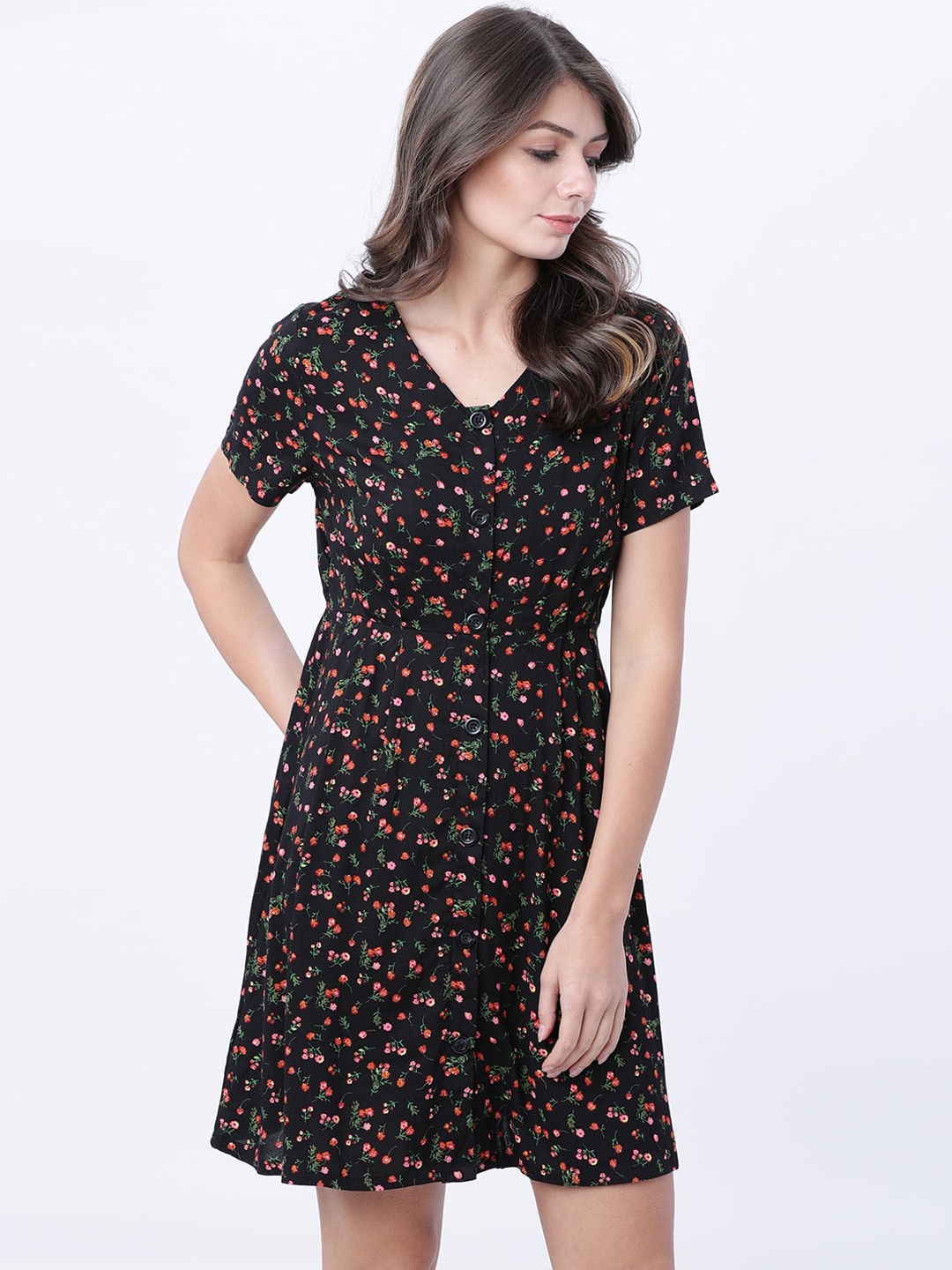 Tokyo Talkies Women Black Printed Fit and Flare Dress Price in India