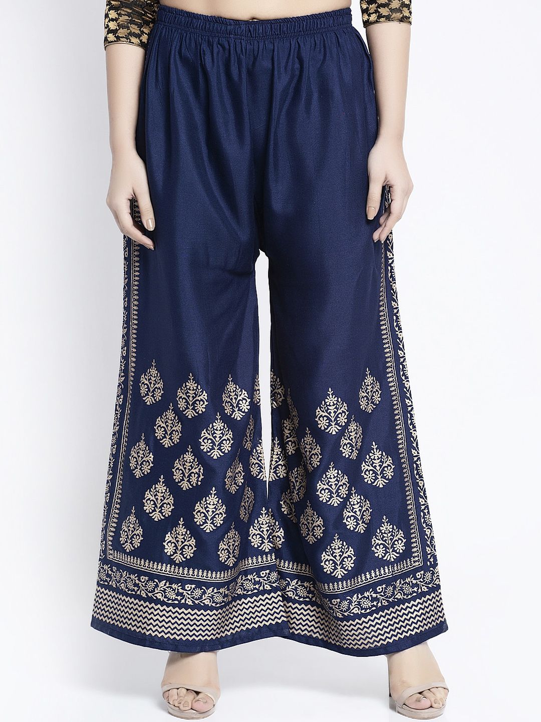 GRACIT Women Navy Blue & Gold-Toned Solid Flared Palazzos Price in India