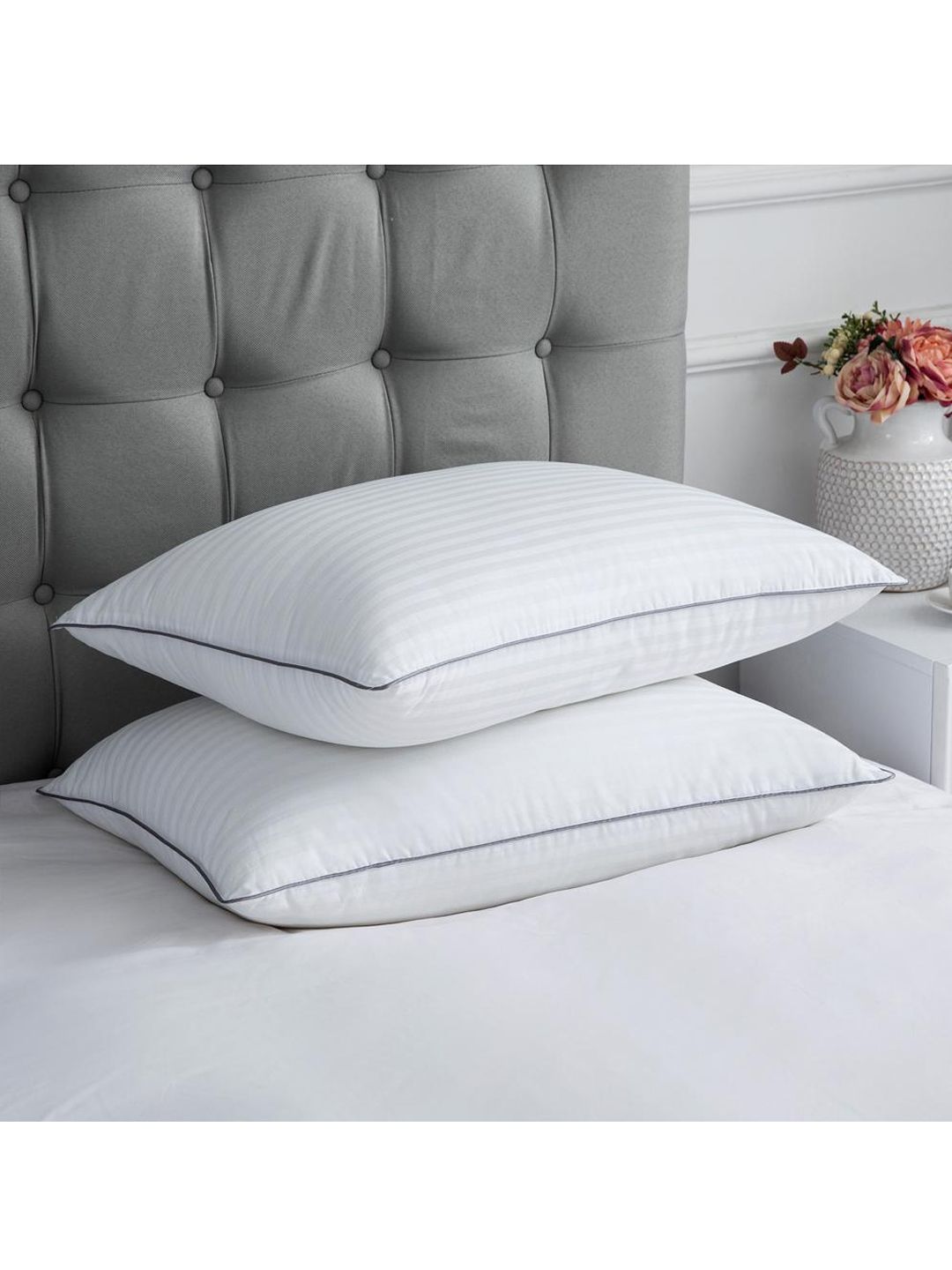 LA VERNE Set of 2 White Striped Rectangular Sleeping Pillow Price in India