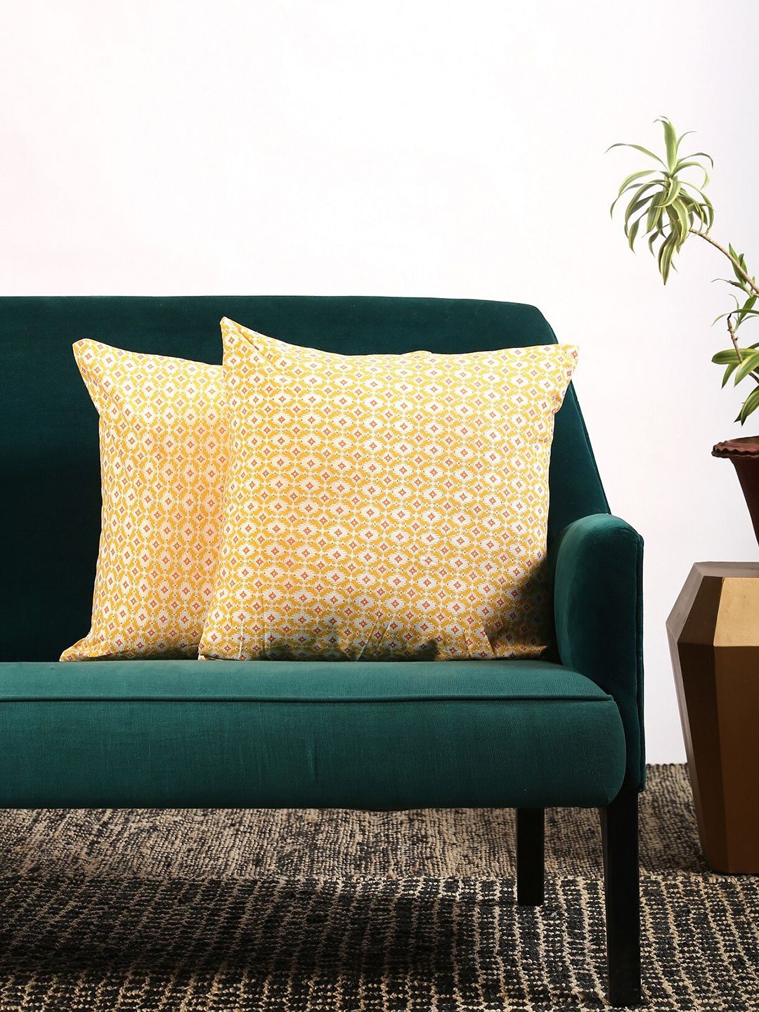 Contrast Living Set of 2 Yellow & Off-White Ethnic Motifs Square Cushion Covers Price in India