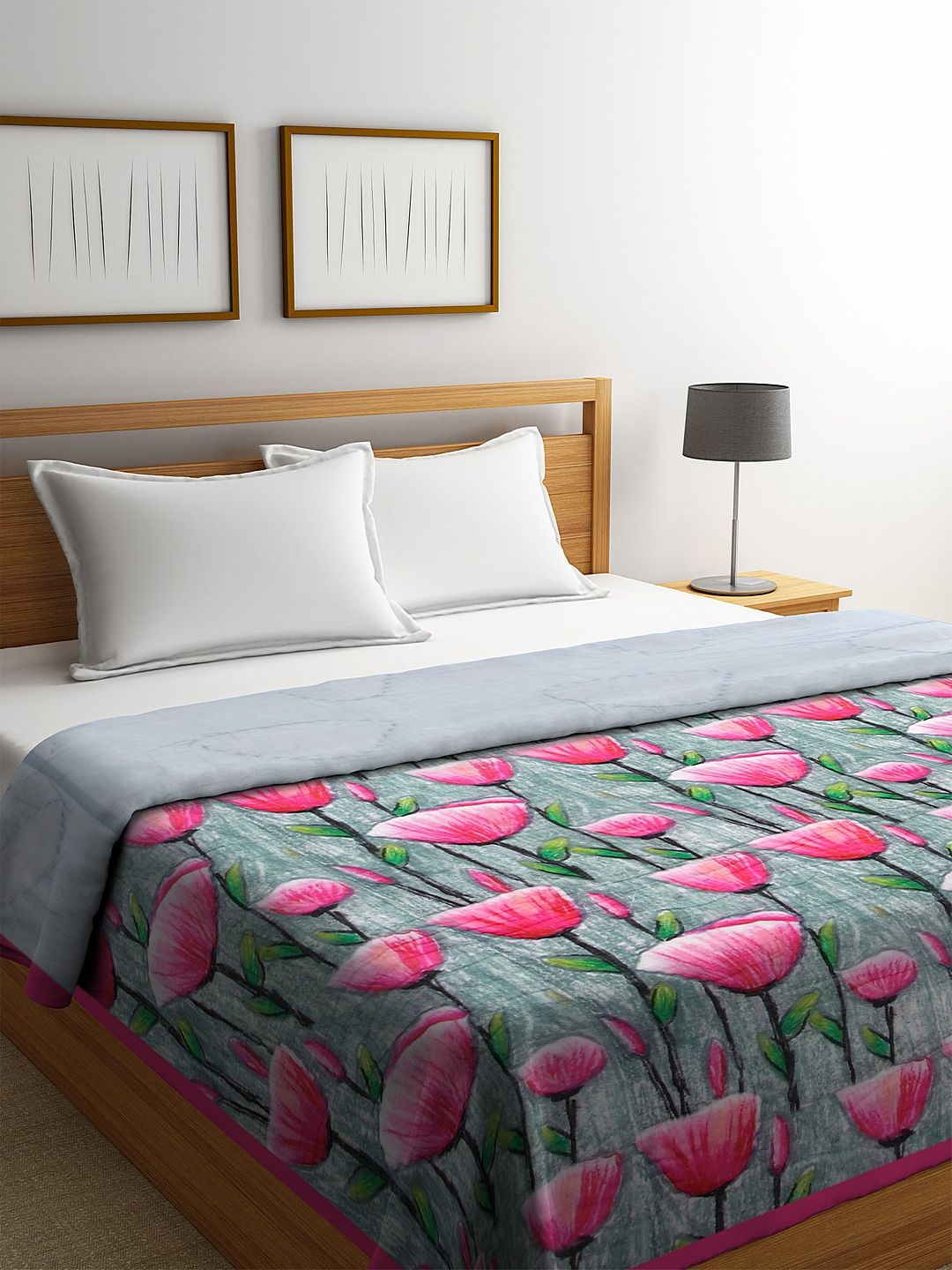 REME Grey & Pink Floral Heavy Winter 150 GSM Double Bed Quilt Price in India