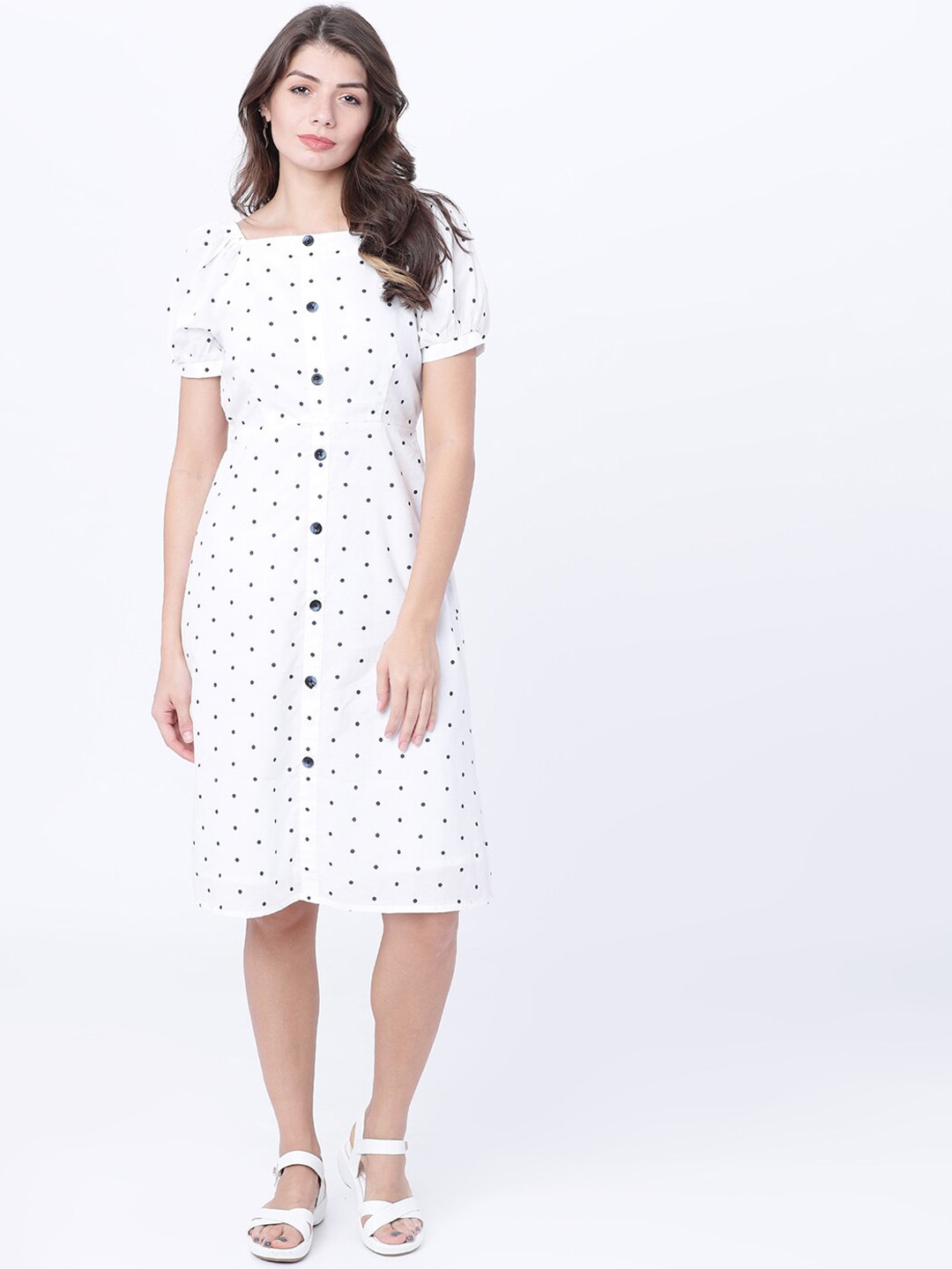 Tokyo Talkies Women White Polka Dot Printed A-Line Dress Price in India