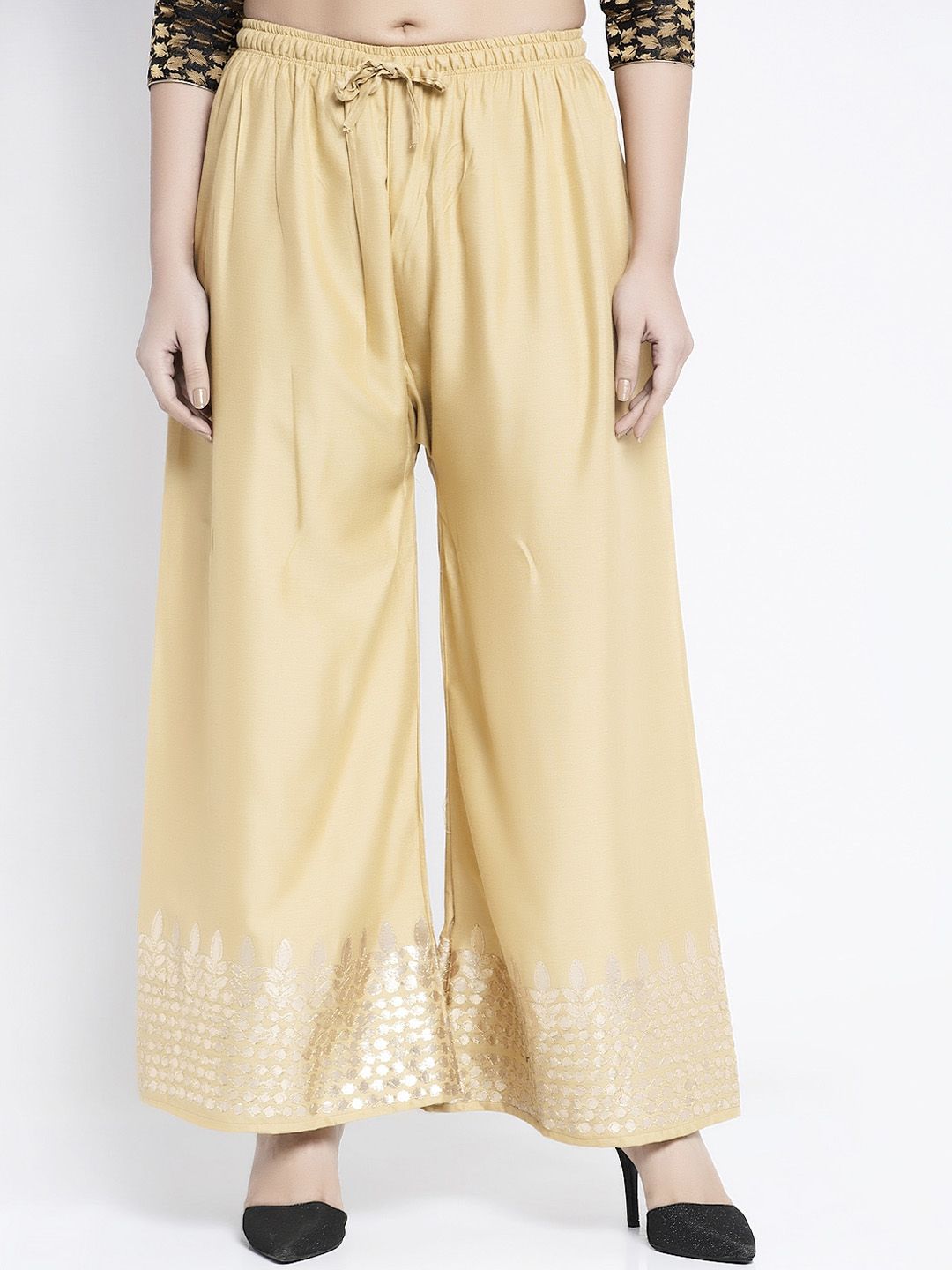 GRACIT Women Beige & Gold-Toned Hem Design Flared Palazzos Price in India