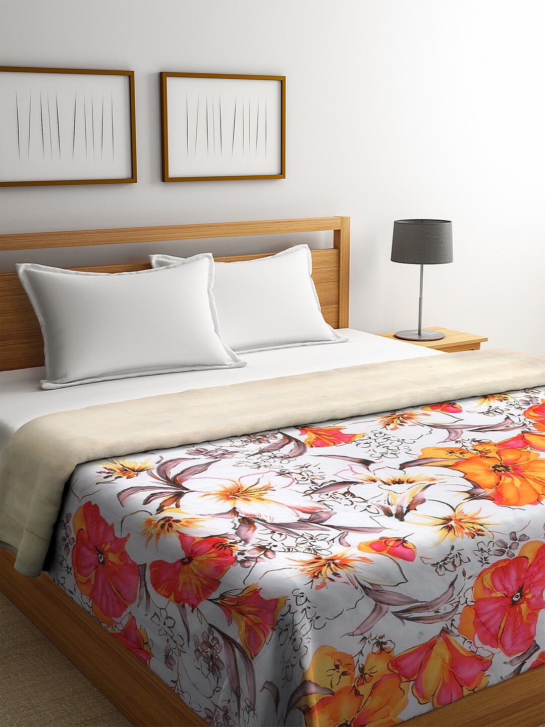 REME White & Orange Floral Heavy Winter 150 GSM Organic Cotton Double Bed Quilt Price in India