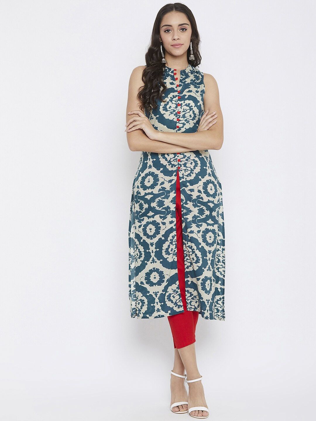 WineRed Women Navy Blue & Grey Printed A-Line Kurta Price in India