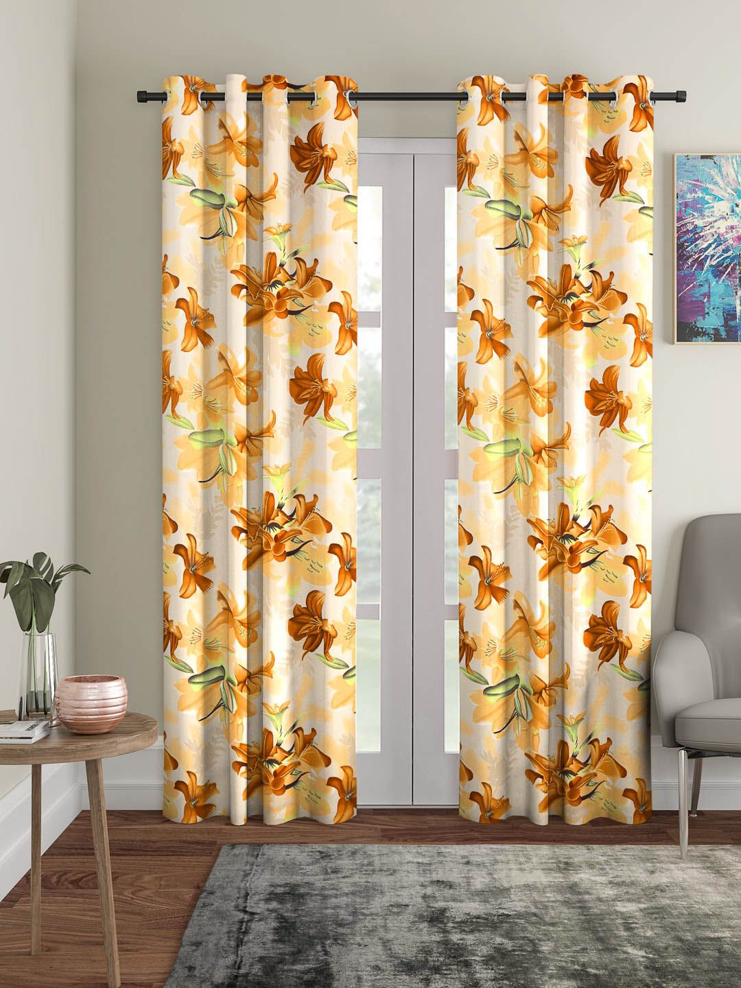 Cortina Beige & Green Set of 2 Printed Long Door Curtains Price in India
