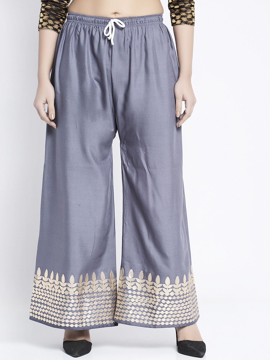 GRACIT Women Grey & Gold-Toned Hem Design Flared Palazzos Price in India