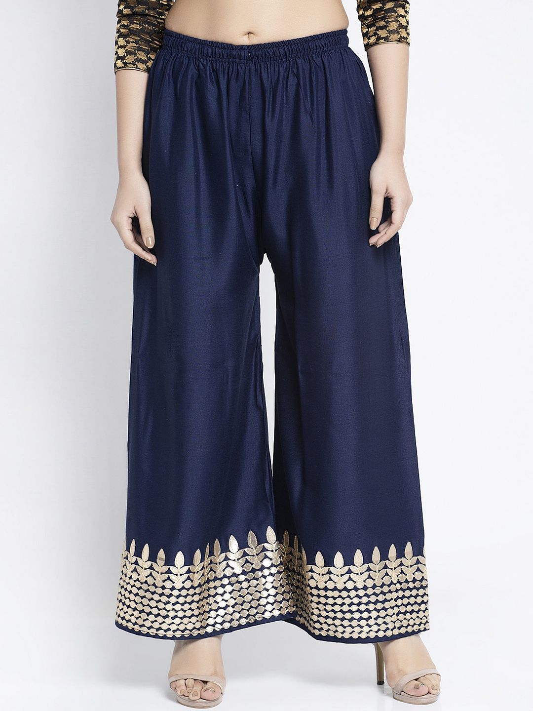 GRACIT Women Navy Blue & Gold Printed Flared Palazzos Price in India