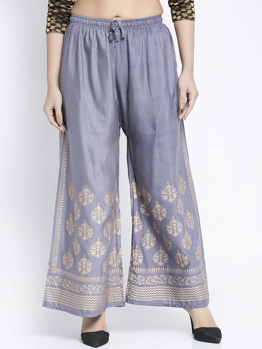 GRACIT Women Grey & Gold Printed Flared Palazzos Price in India