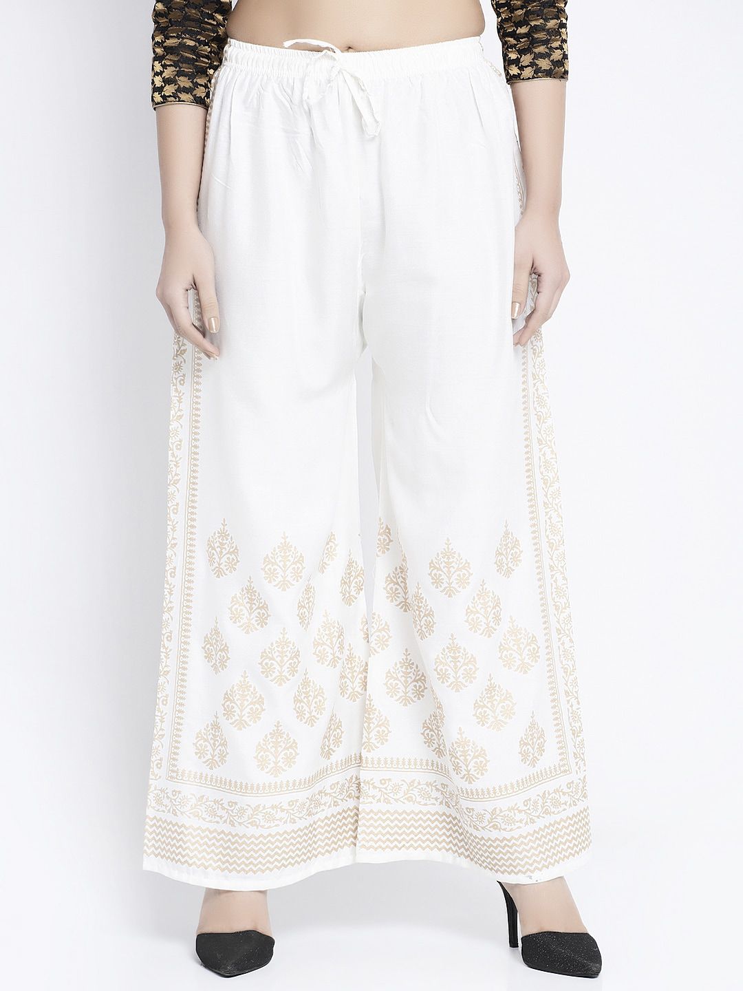 GRACIT Women White & Beige Solid Flared Palazzos Price in India