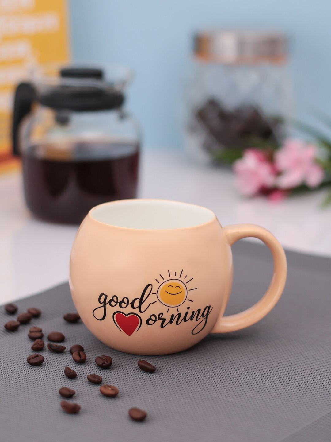 JCPL Peach-Coloured & Black Set Of 2 Printed Ceramic Mugs Price in India