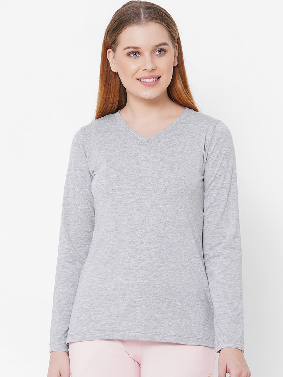 Sweet Dreams Women Grey Melange Solid V-Neck Lounge T-shirt Price in India