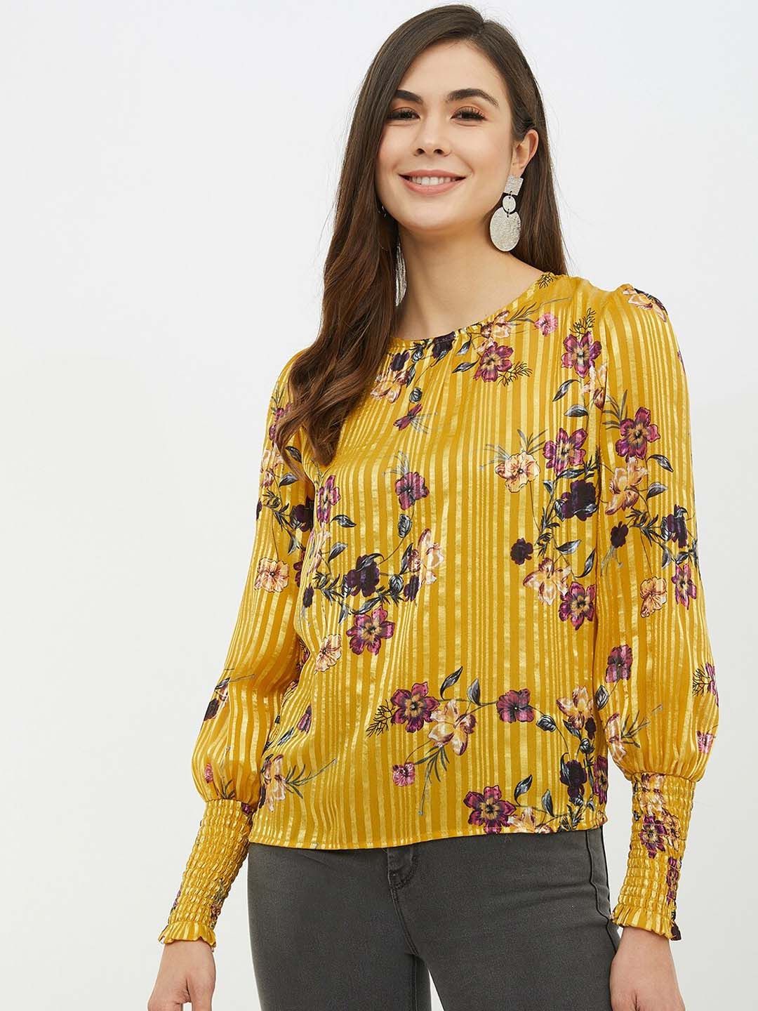 Harpa Women Mustard Printed Blouson Top