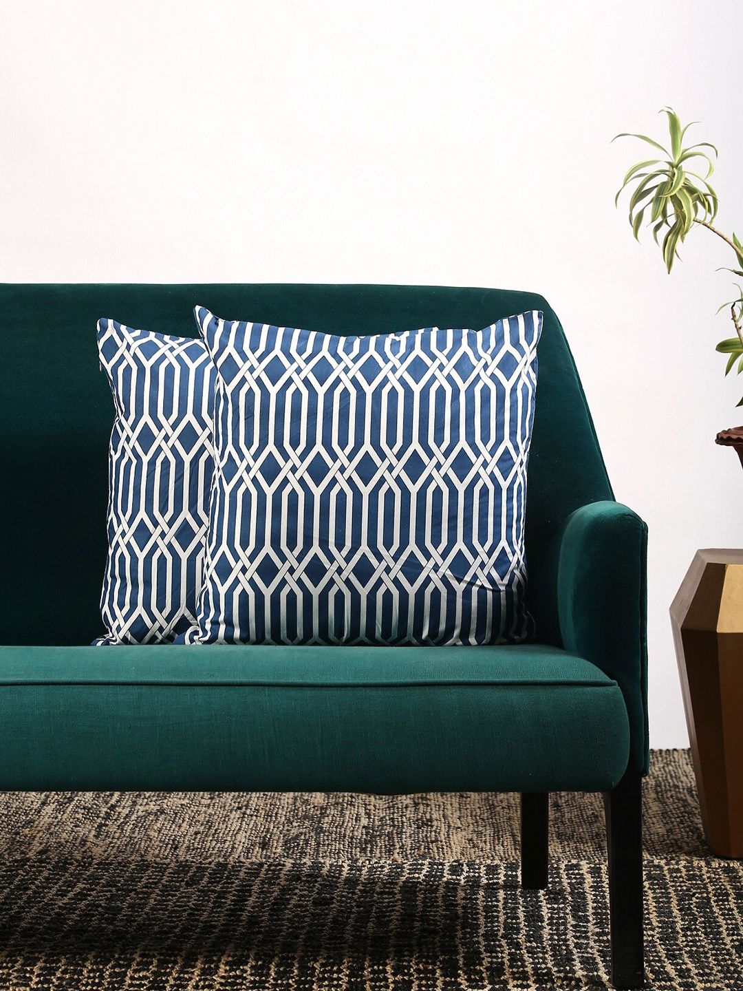 Contrast Living Blue & White Set of 2 Geometric Square Cushion Covers Price in India