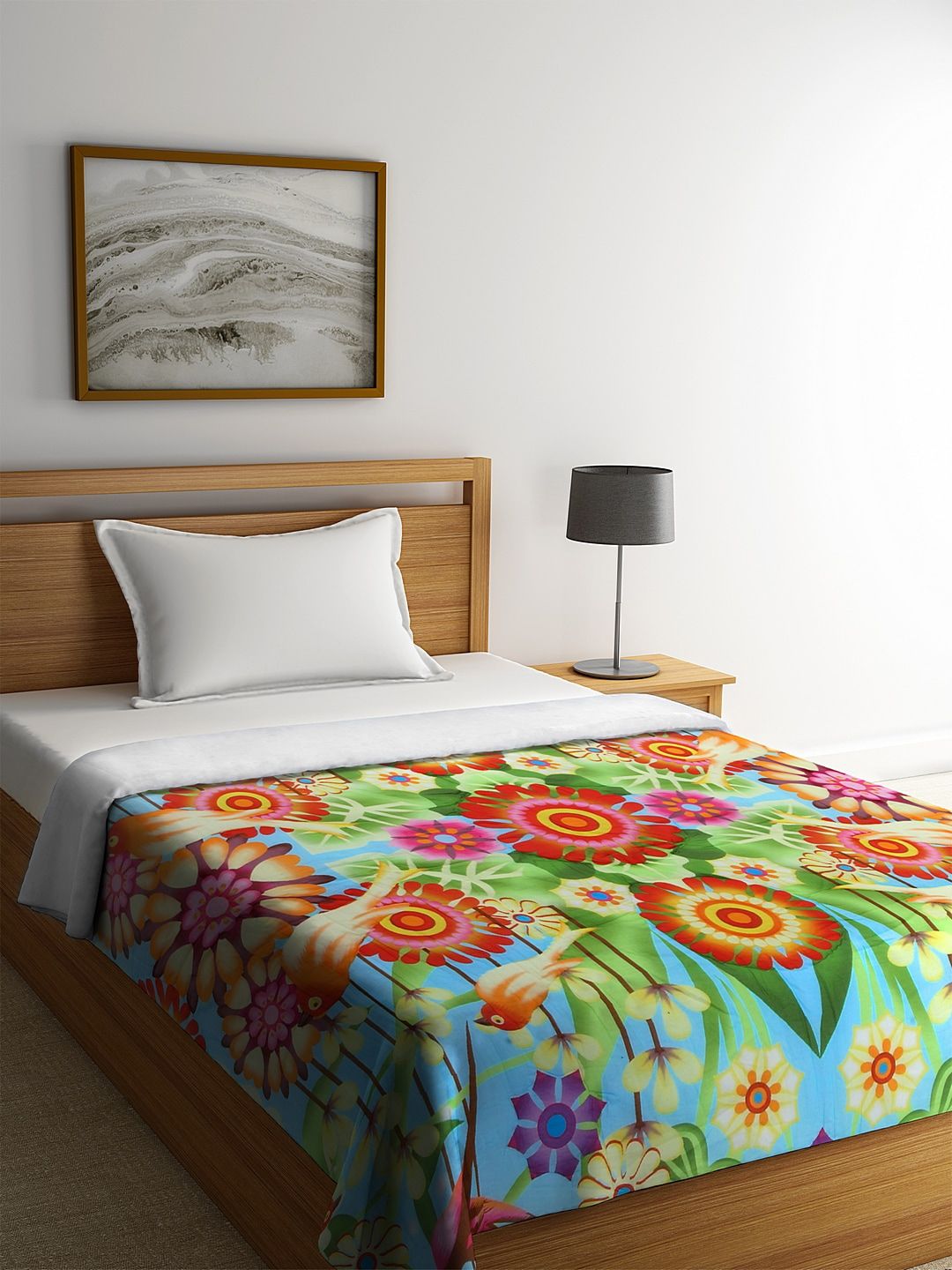 REME Blue & Green Floral Heavy Winter 150 GSM Organic Cotton Single Bed Quilt Price in India