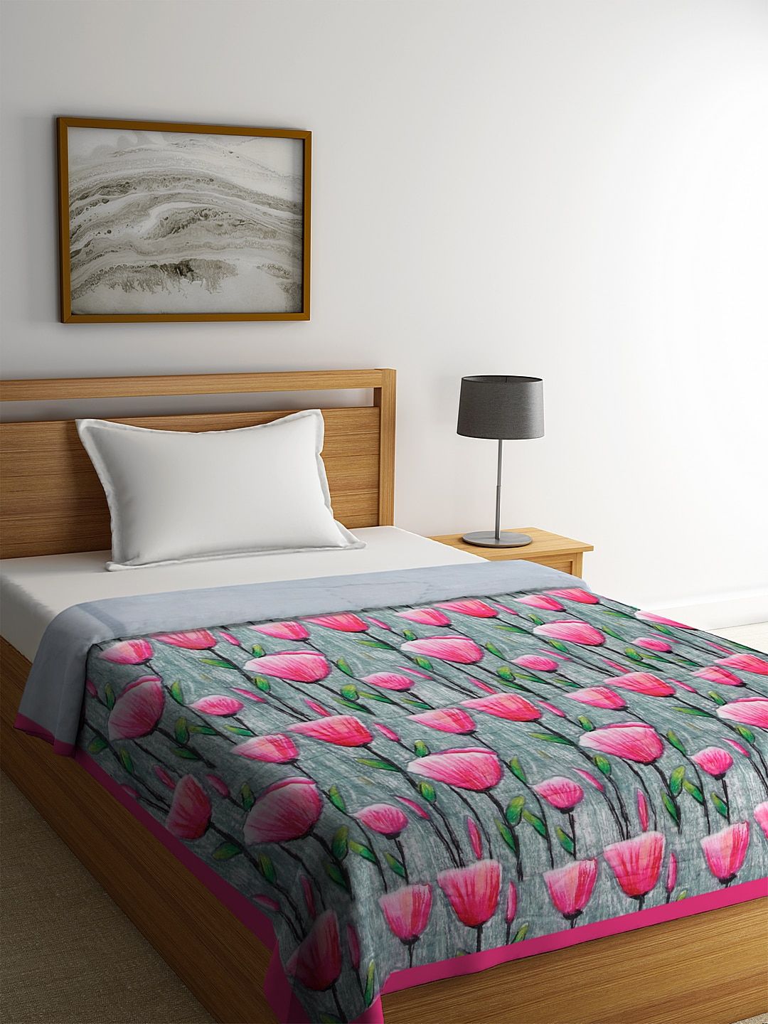 REME Grey & Pink Floral Heavy Winter 150 GSM Organic Cotton Single Bed Quilt Price in India