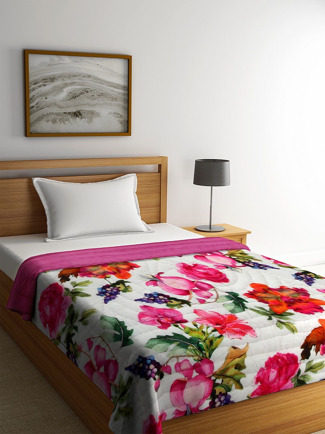 REME White & Pink Floral Heavy Winter 150 GSM Single Bed Quilt Price in India